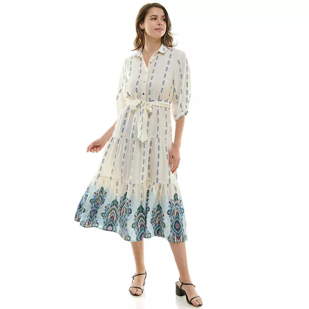 Women's Figueroa & Flower Button Front Belted Maxi Dress, Size: Large, Ivory Blue Product Image