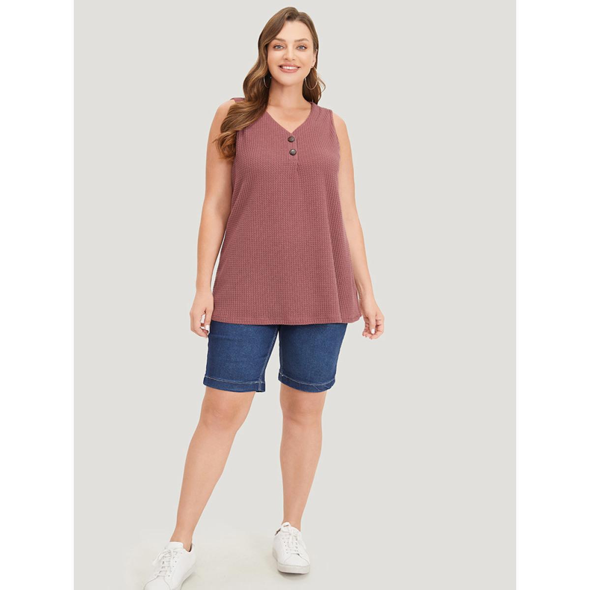 Plus Size Waffle Knit Button Detail Plicated Detail Tank Top Women DustyPink Casual V-neck Dailywear Tank Tops Camis BloomChic 12/L Product Image