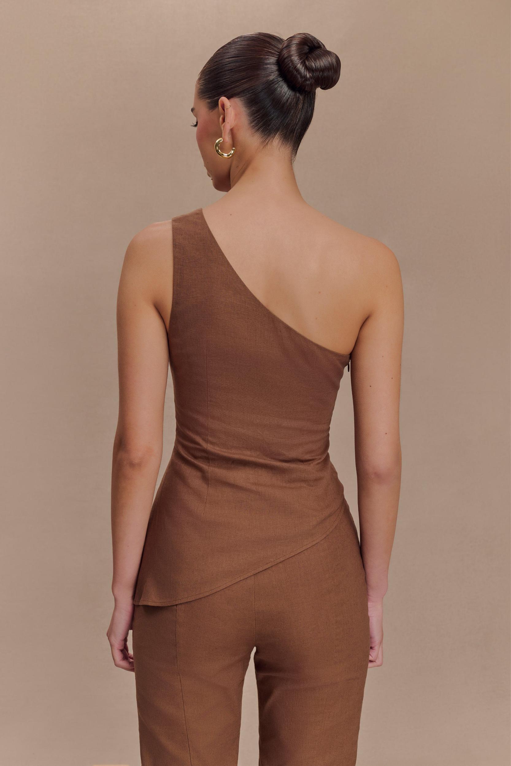 Dora Linen One Shoulder Top - Cacao Brown Product Image