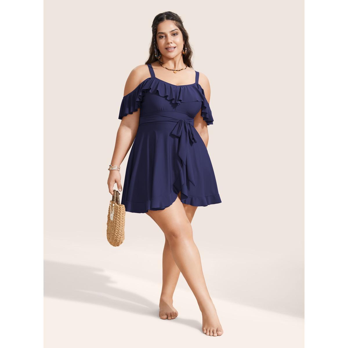 Plus Size Solid Cold Shoulder Ruffles Tie Knot Swim Dress Women's Swimwear Indigo Beach Bodycon One-shoulder neck High stretch Curve Swim Dresses BloomChic 26/4X Product Image