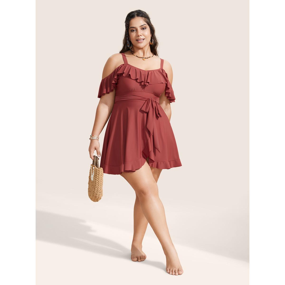 Plus Size Solid Cold Shoulder Ruffles Tie Knot Swim Dress Women's Swimwear Russet Beach Bodycon One-shoulder neck High stretch Curve Swim Dresses BloomChic 18-20/2X Product Image