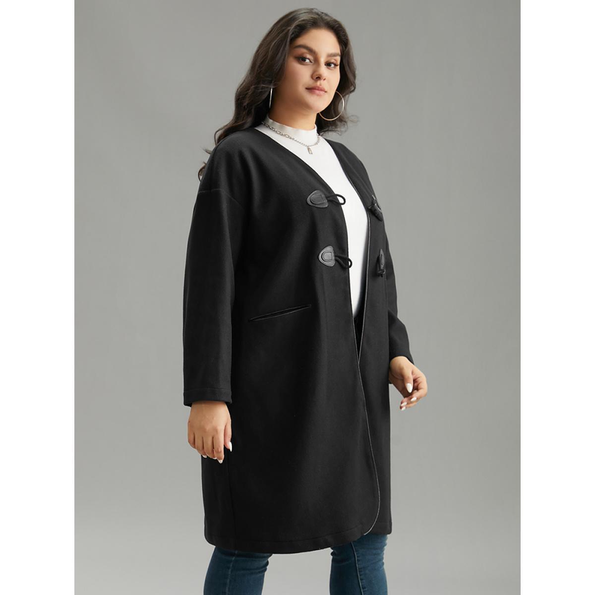 Plus Size Plain Duffle Button Pocket Coat Women Black Casual Plain Ladies Dailywear Winter Coats BloomChic 28/5X Product Image