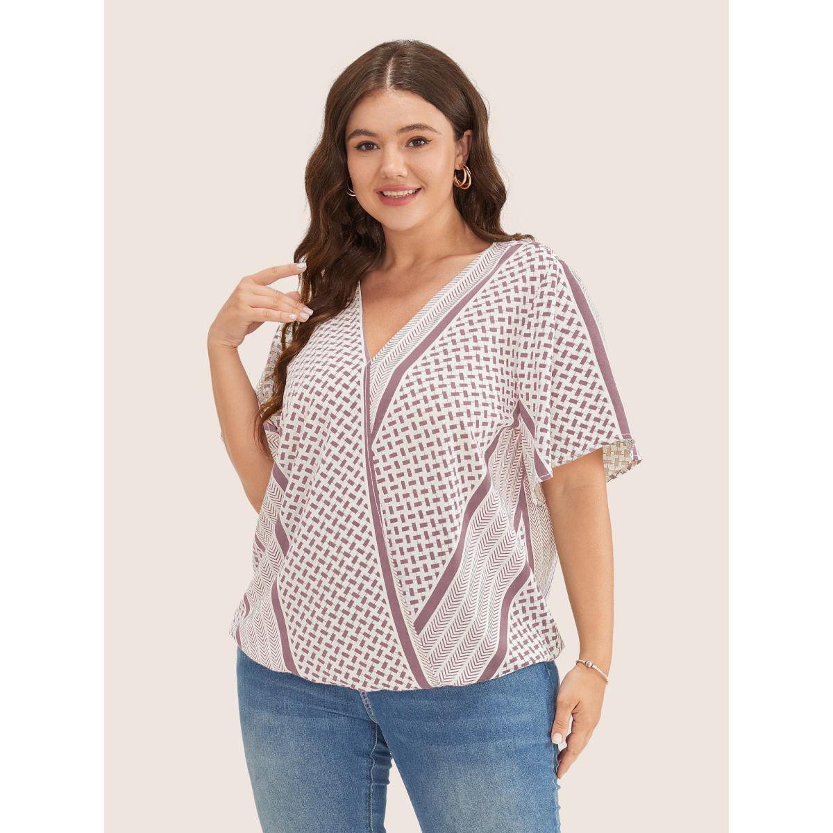 Plus Size DustyPink Geometric Contrast Ruffle Sleeve Wrap Blouse Women Resort Short sleeve Overlap Collar Vacation Blouses BloomChic 28/5X Product Image