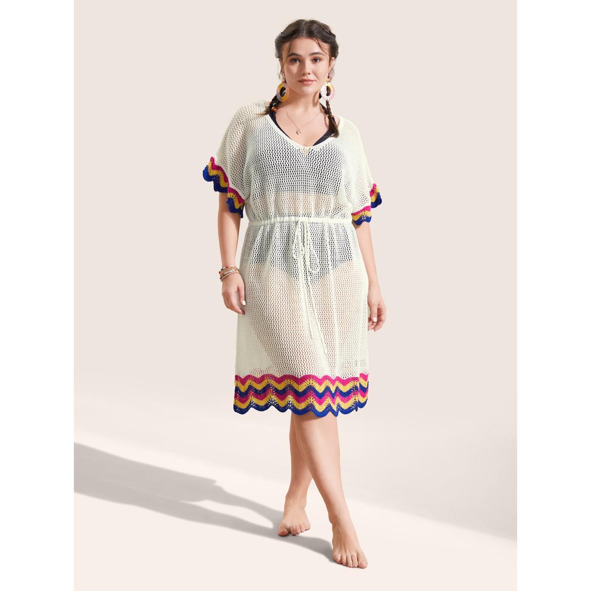 Plus Size Deep V Neck Contrast Striped Drawstring Swim Cover Up Women's Swimwear Ivory Beach Loose Texture Curve Swim Cover Ups BloomChic 10/M Product Image