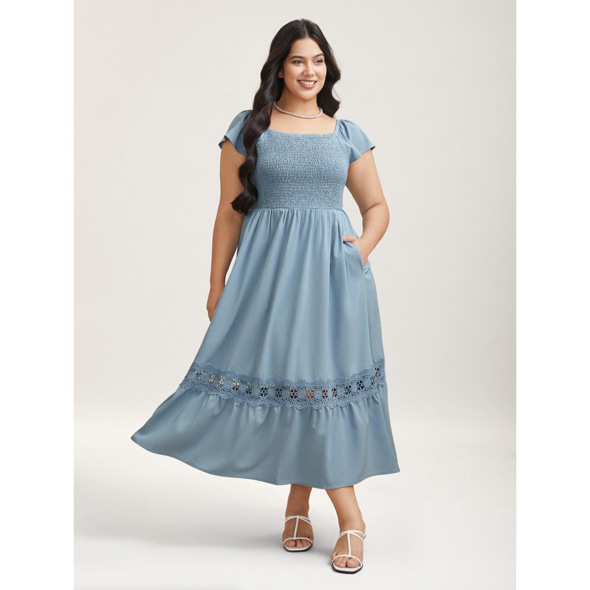 Plus Size Shirred Stretchy Waist Lace Trim Midi Dress Skyblue Women Elegant Woven ribbon&lace trim Square Neck Sleeveless Curvy BloomChic 10/M Product Image