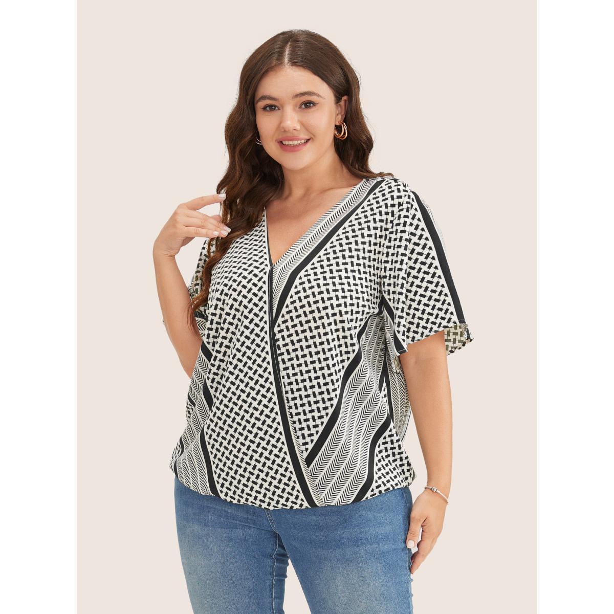 Plus Size Black Geometric Contrast Ruffle Sleeve Wrap Blouse Women Resort Short sleeve Overlap Collar Vacation Blouses BloomChic 12/L Product Image