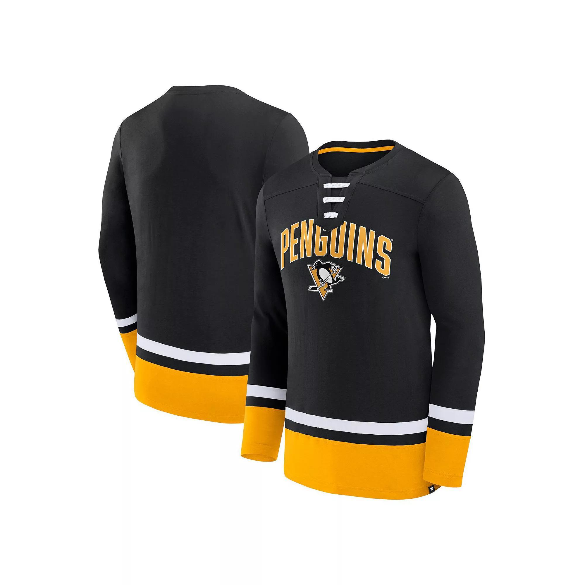 Men's Fanatics Branded Black Pittsburgh Penguins Back Pass Lace-Up Long Sleeve T-Shirt, Size: XL Product Image