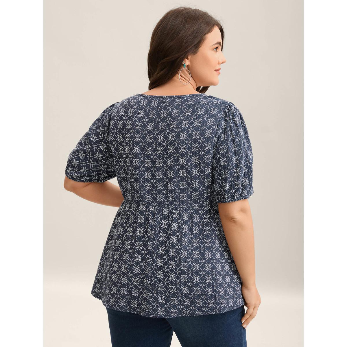 Plus Size Indigo Cotton Geometric Print Puff Sleeve Babydoll Top Women Short sleeve Notched collar Vacation Blouses BloomChic 22-24/3X Product Image