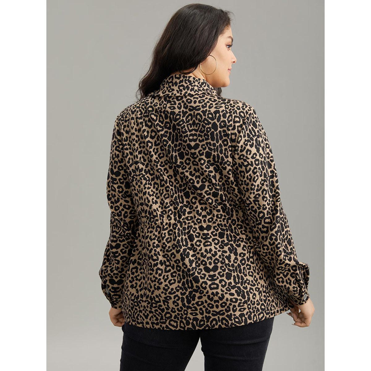 Plus Size Leopard Zipper Drawstring Knot Pocket Jacket Women LightBrown Contrast Pocket Dailywear Jackets BloomChic 26/4X Product Image