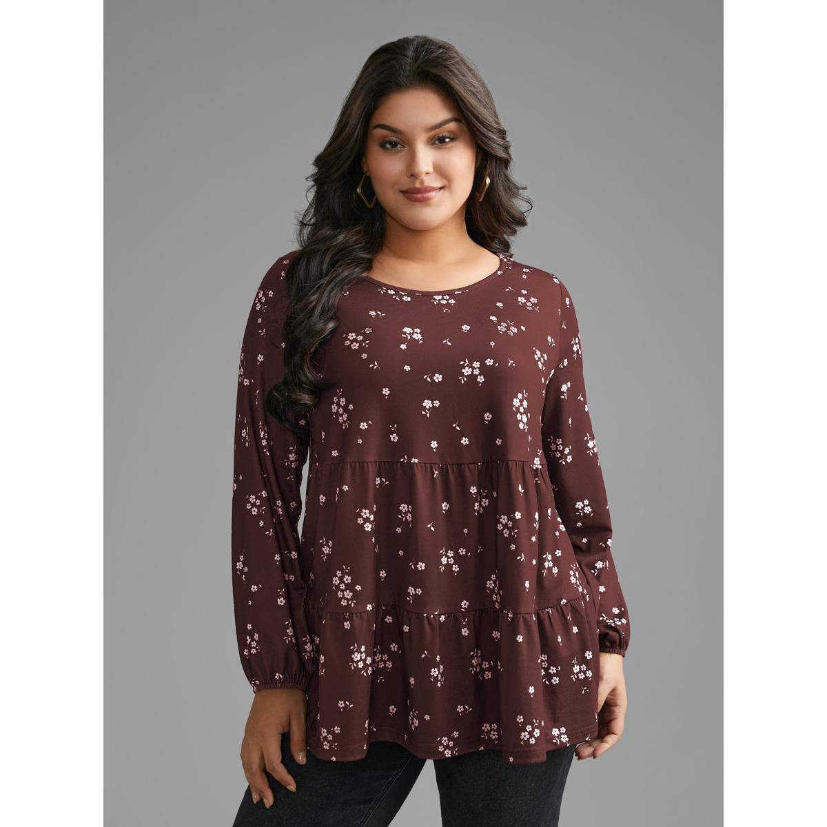 Plus Size Ditsy Floral Gathered Ruffle Hem T-shirt Burgundy Women Casual Gathered Natural Flowers Round Neck Loose Everyday T-shirts BloomChic 14-16/1X Product Image