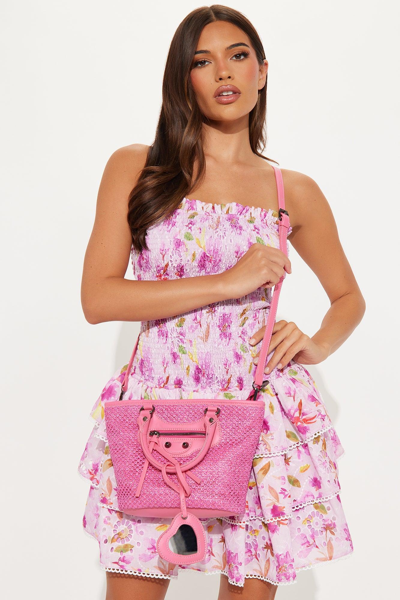 Sandy Heart Satchel Straw Handbag - Pink Product Image
