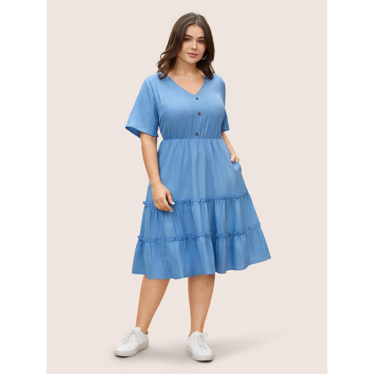 Plus Size Solid Button Detail Ruffle Layered Hem Dress LightBlue Women Casual V-neck Short sleeve Curvy Knee Dress BloomChic 26/4X Product Image