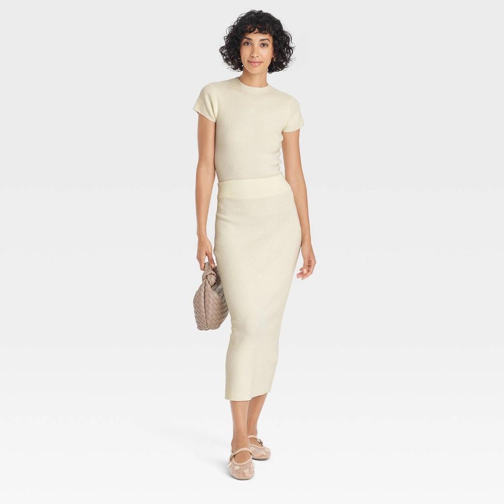 Womens Midi Boucle Sweater Skirt - A New Day Cream L: Recycled Polyester, Ribbed, Elastic Waistband Product Image