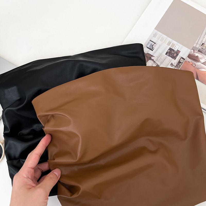 Strapless Plain Faux Leather Ruched Crop Top Product Image