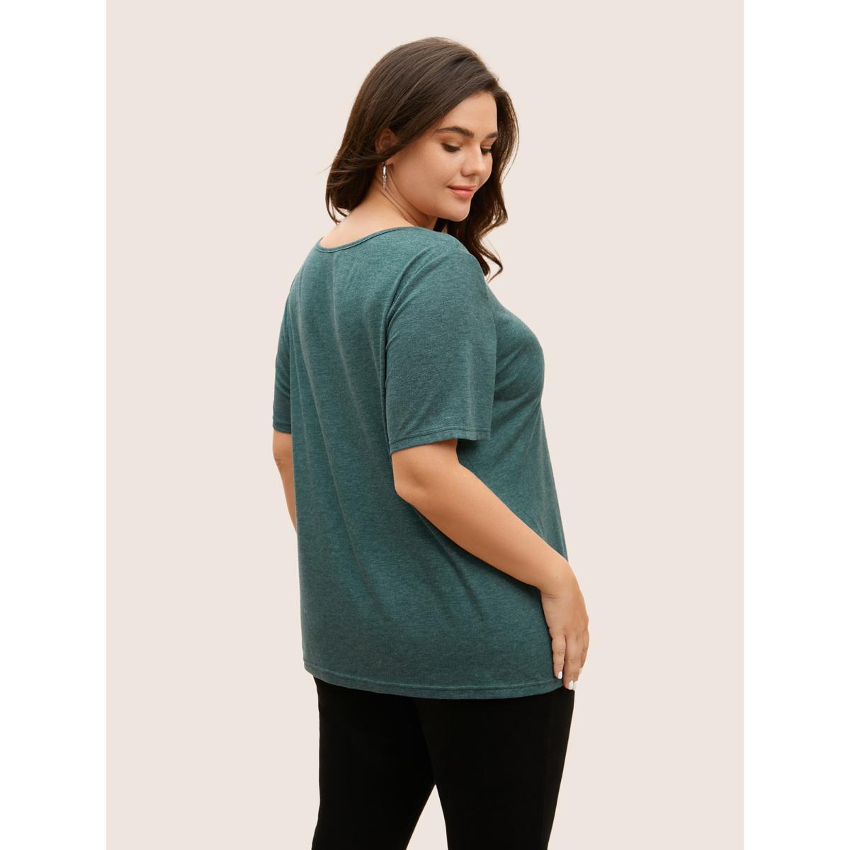 Plus Size Solid Heather Crisscross Medium Stretch T-shirt DarkGreen Women Casual Cut-Out V-neck Everyday T-shirts BloomChic 12/L Product Image