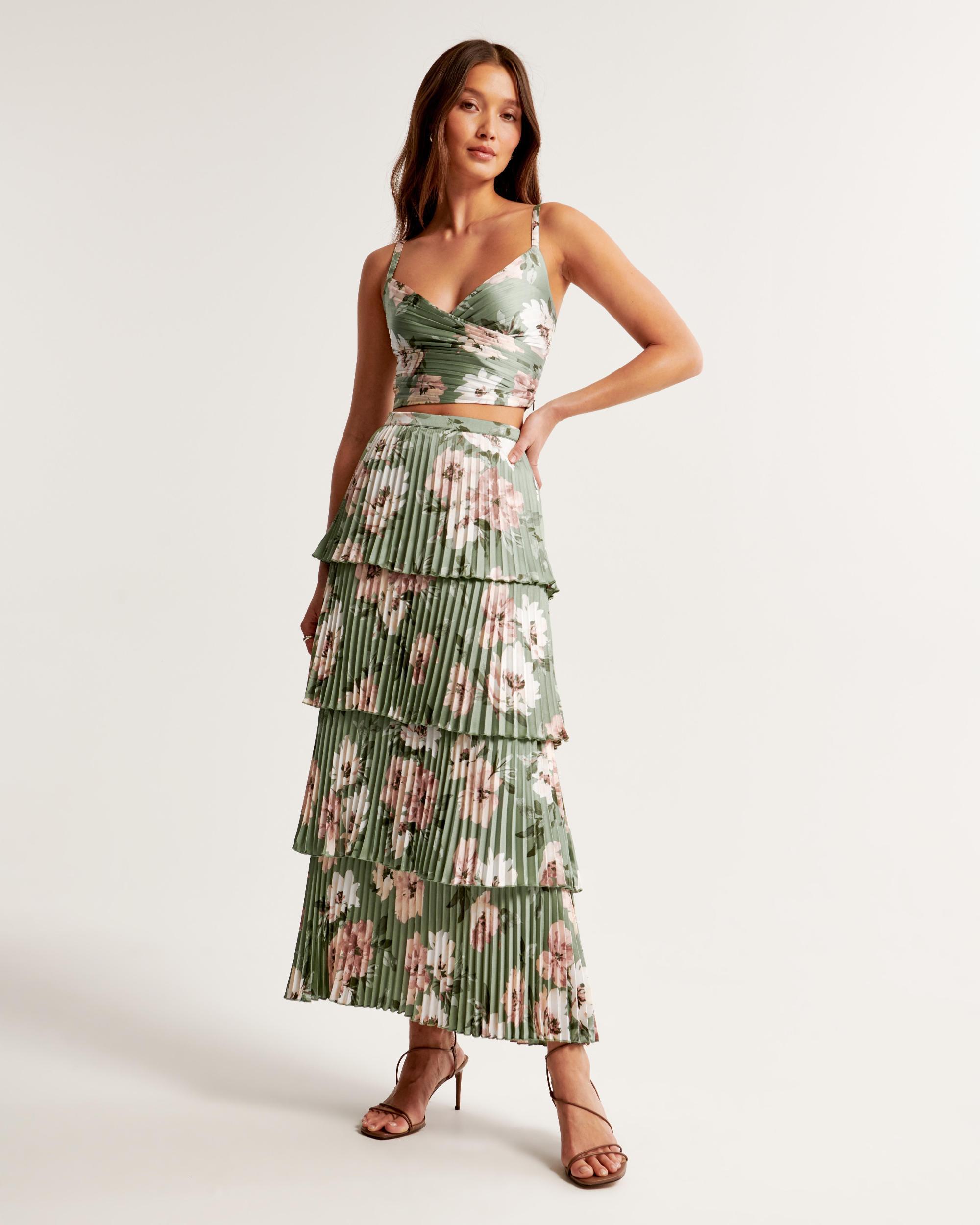 Satin Pleated Tiered Maxi Skirt Product Image