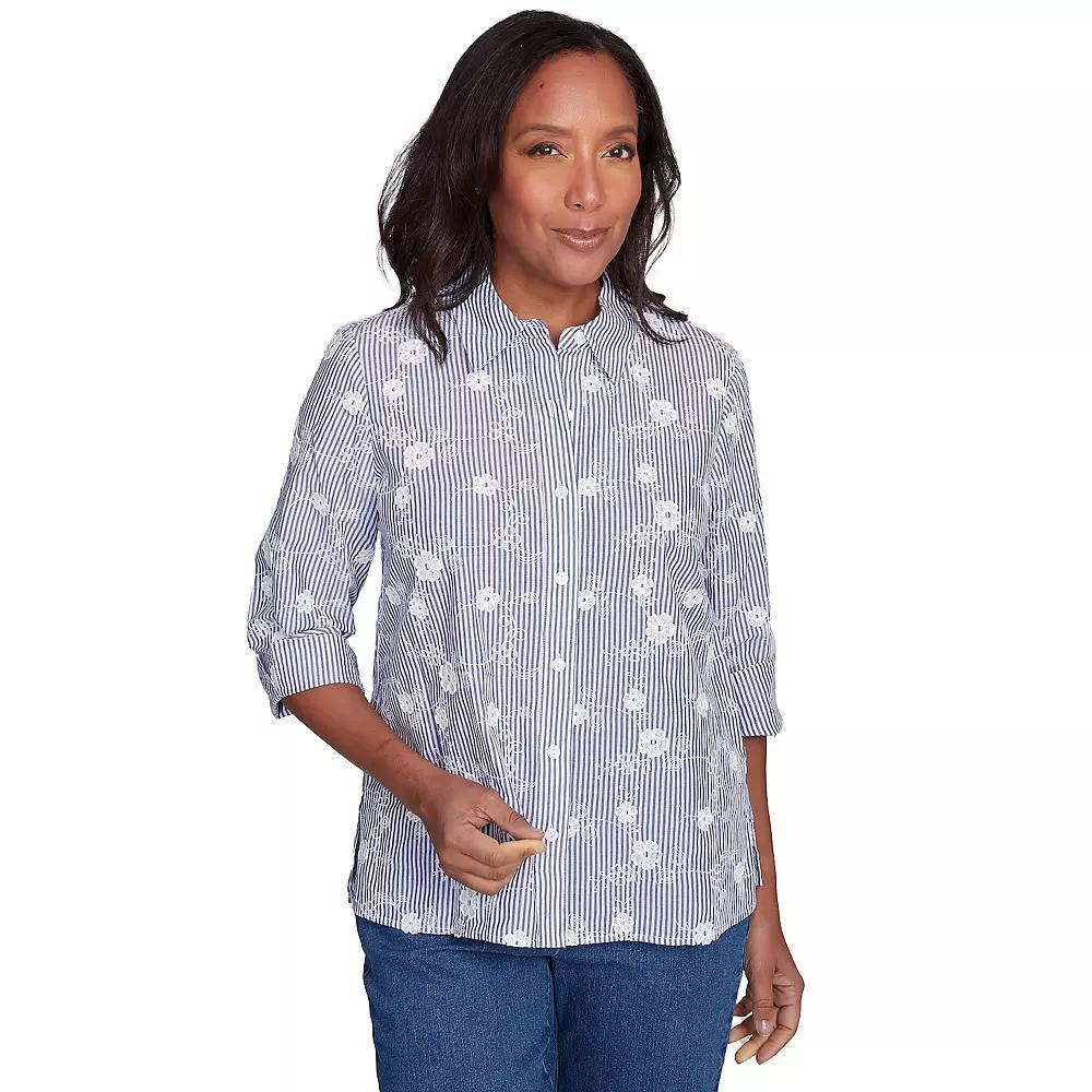Petite Alfred Dunner Striped Breezy Floral Applique Top, Women's, Size: XL Petite, Blue Product Image