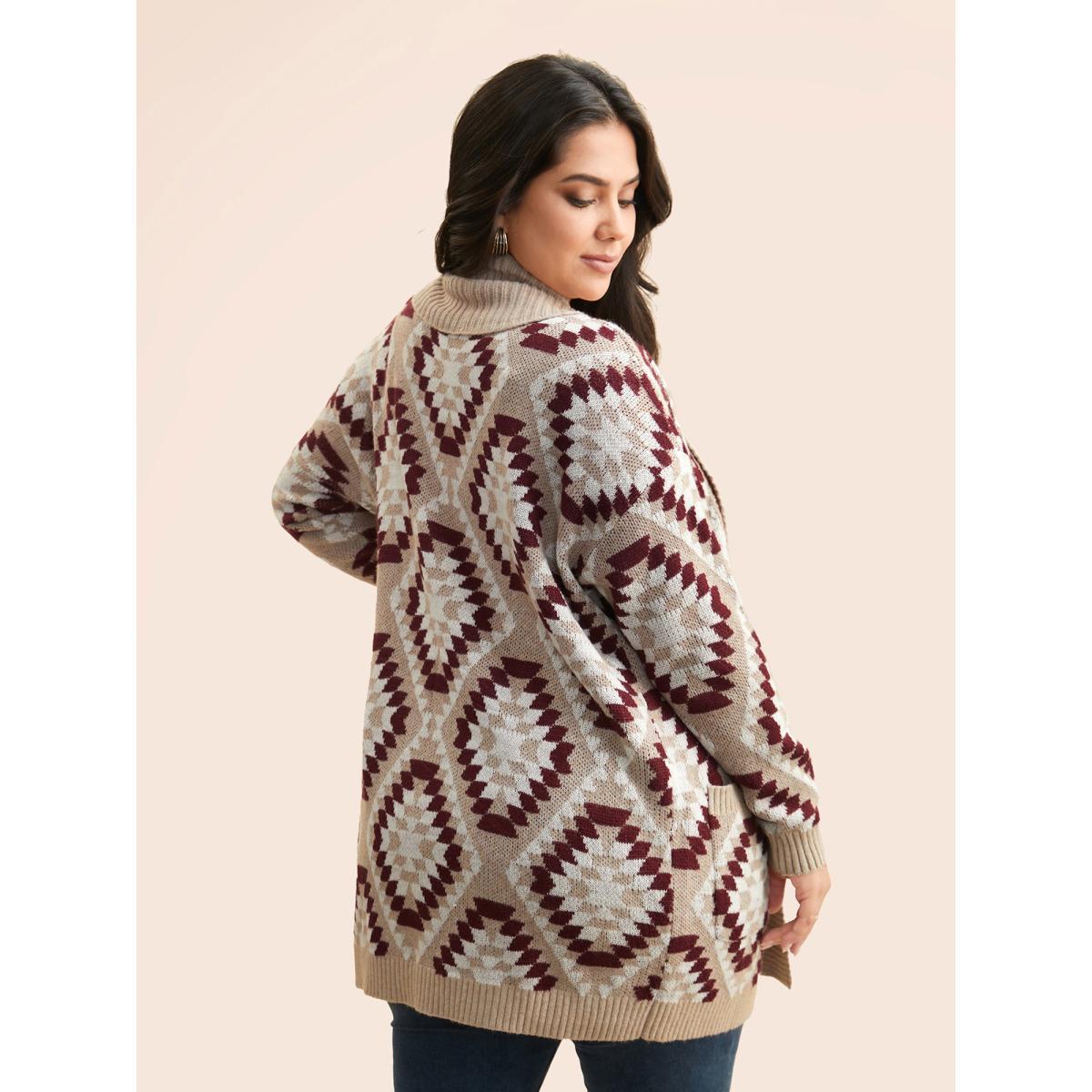 Plus Size Bandana Geometric Lapel Collar Cardigan LightBrown Women Casual Loose Long Sleeve Everyday Cardigans BloomChic 30/6X Product Image