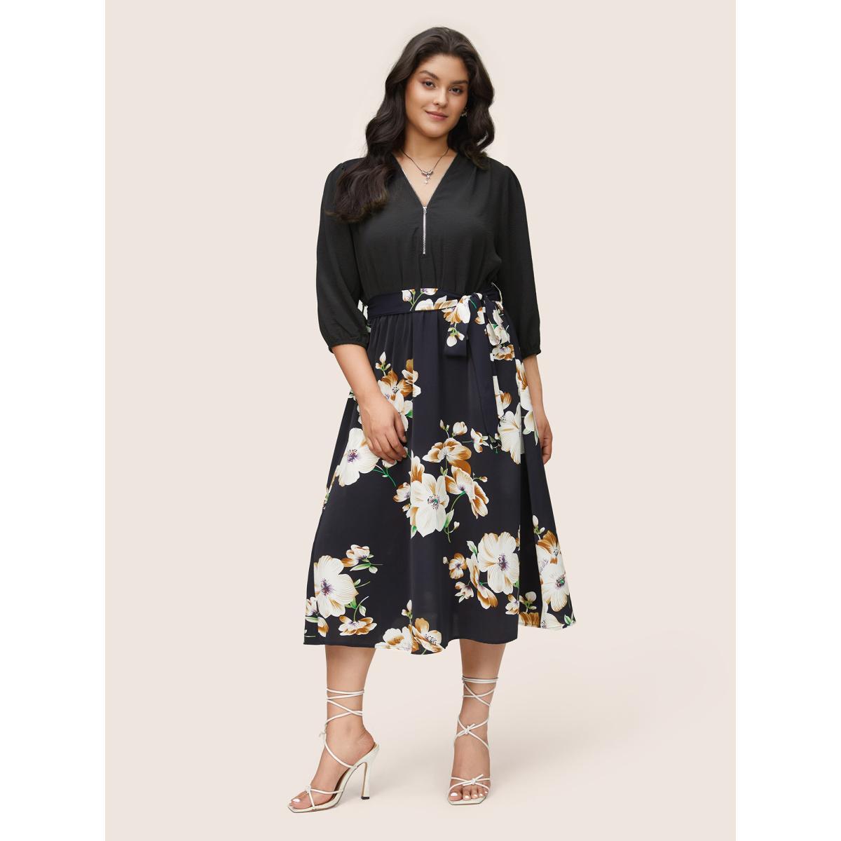 Plus Size Floral Patchwork Half Zip Belted Lantern Sleeve Dress BlackFlower Women Elegant Elastic cuffs V-neck Elbow-length sleeve Curvy Midi Dress BloomChic 30/6X Product Image