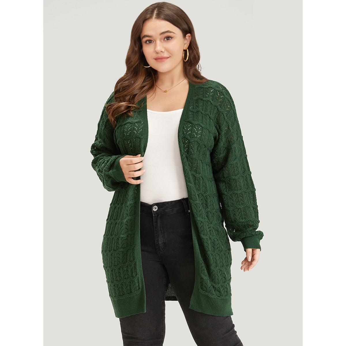 Plus Size Plain Geometric Eyelet Cable Knit Tunic Cardigan DarkGreen Women Casual Loose Long Sleeve Everyday Cardigans BloomChic 10/M Product Image