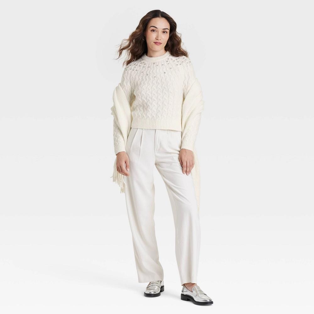 Womens Cable Crewneck Pullover Sweater - A New Day Cream XL Product Image