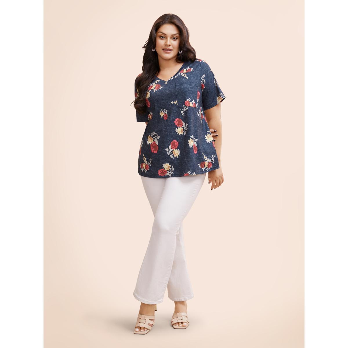Plus Size Floral Print Heather Patched Pocket T-shirt Multicolor Women Elegant Printed Floral V-neck Dailywear T-shirts BloomChic 30/6X Product Image