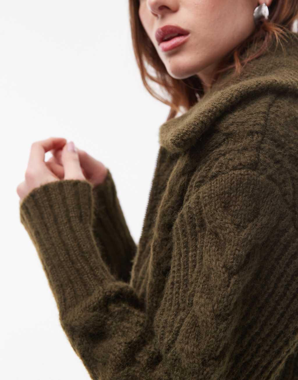 Topshop knitted extreme collar zip through cable cardi in khaki Product Image