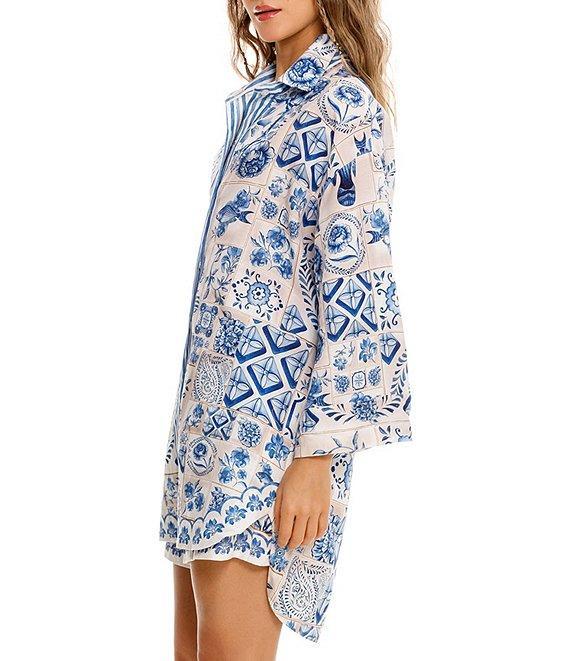 Agua Bendita Chrissy Azure Printed Point Collar 3/4 Sleeve Button Down Shirt Product Image