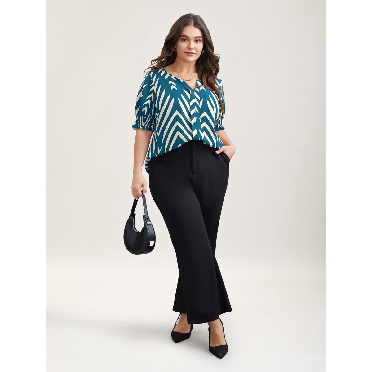 Plus Size Aegean Geometric Print Ruffled Shirred Shirt Women At the Office Half Sleeve Flat collar with V-notch Work Blouses BloomChic 26/4X Product Image