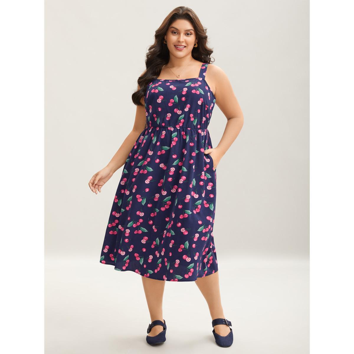 Plus Size Cherry Print Stretchy Waist Pockets Midi Dress Navy Women Elegant Non Non Sleeveless Curvy BloomChic 28/5X Product Image