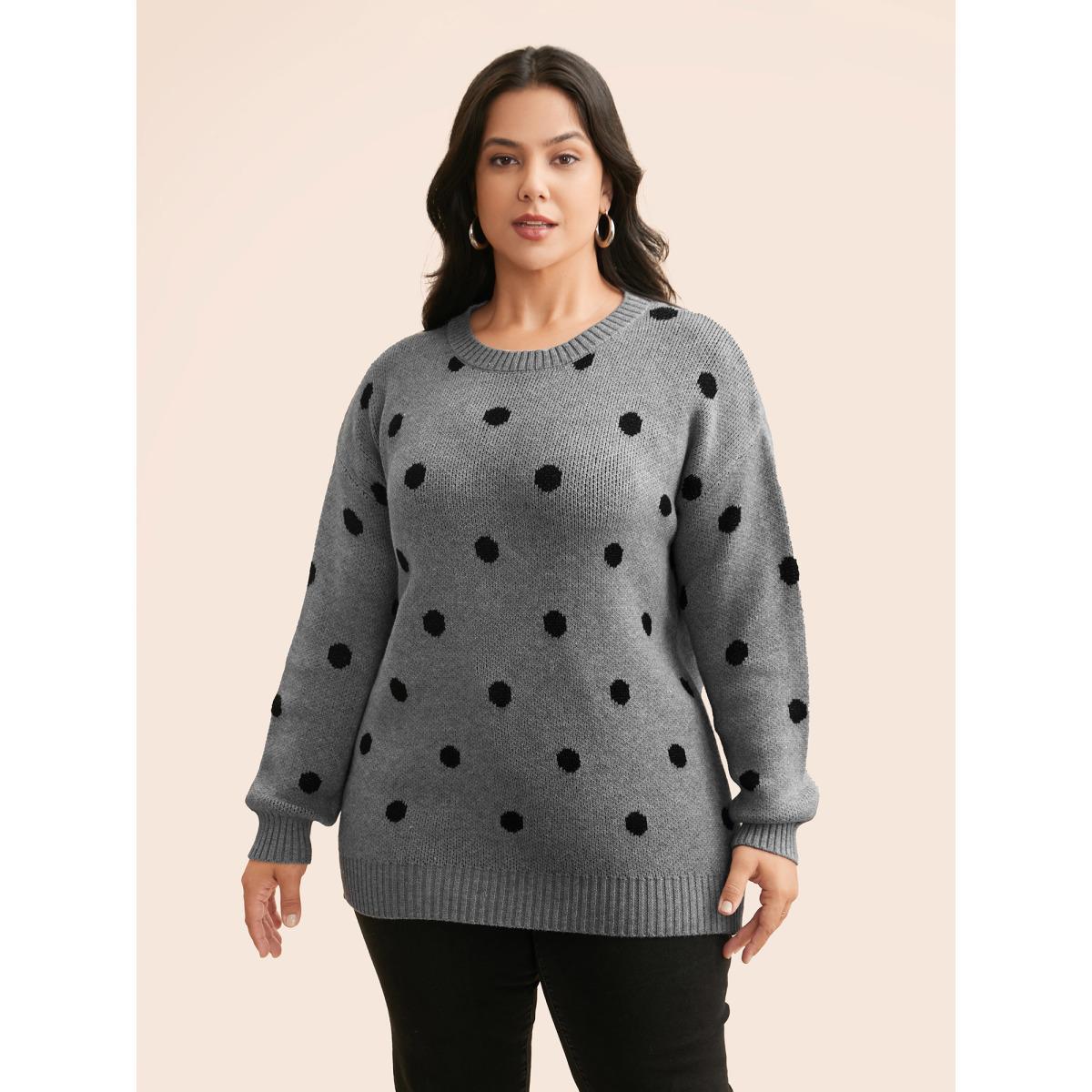 Plus Size Polka Dot Drop Shoulder Sleeve Pullover Mediumgray Women Casual Loose Long Sleeve Round Neck Everyday Pullovers BloomChic 12/L Product Image