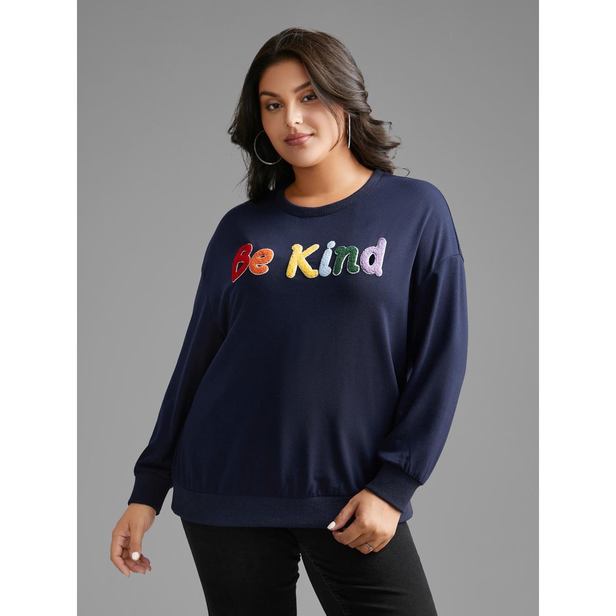 Plus Size Be Kind Towel Embroidered Sweatshirt Women Indigo Casual Embroidered Round Neck Everyday Sweatshirts BloomChic 26/4X Product Image