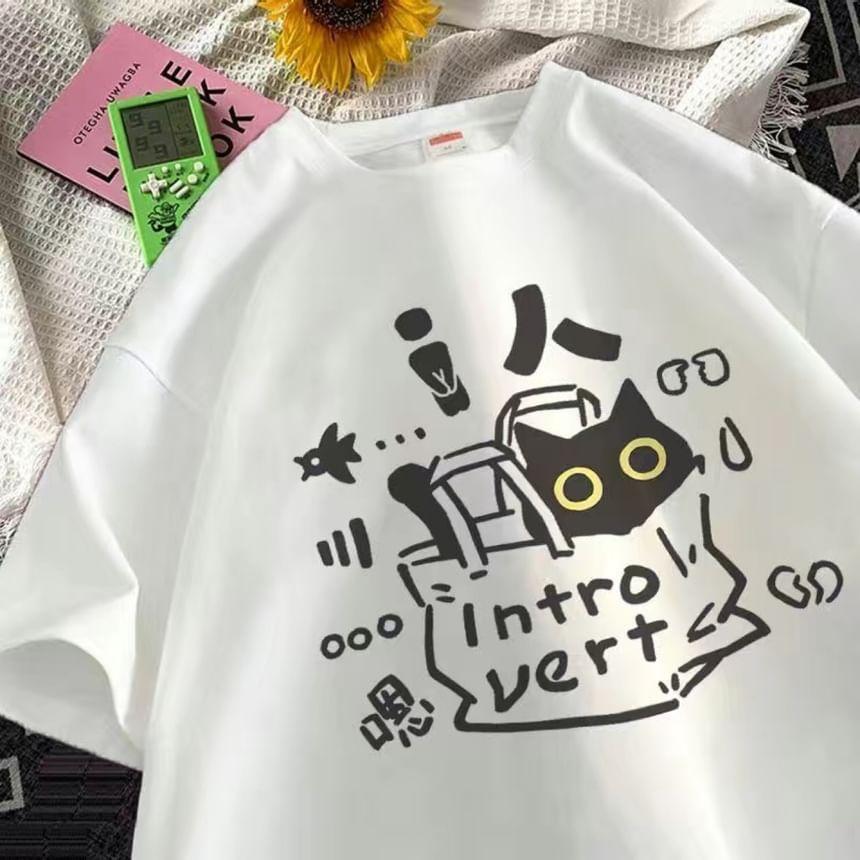 Short Sleeve Cat & Lettering Print Loose-Fit Top Product Image
