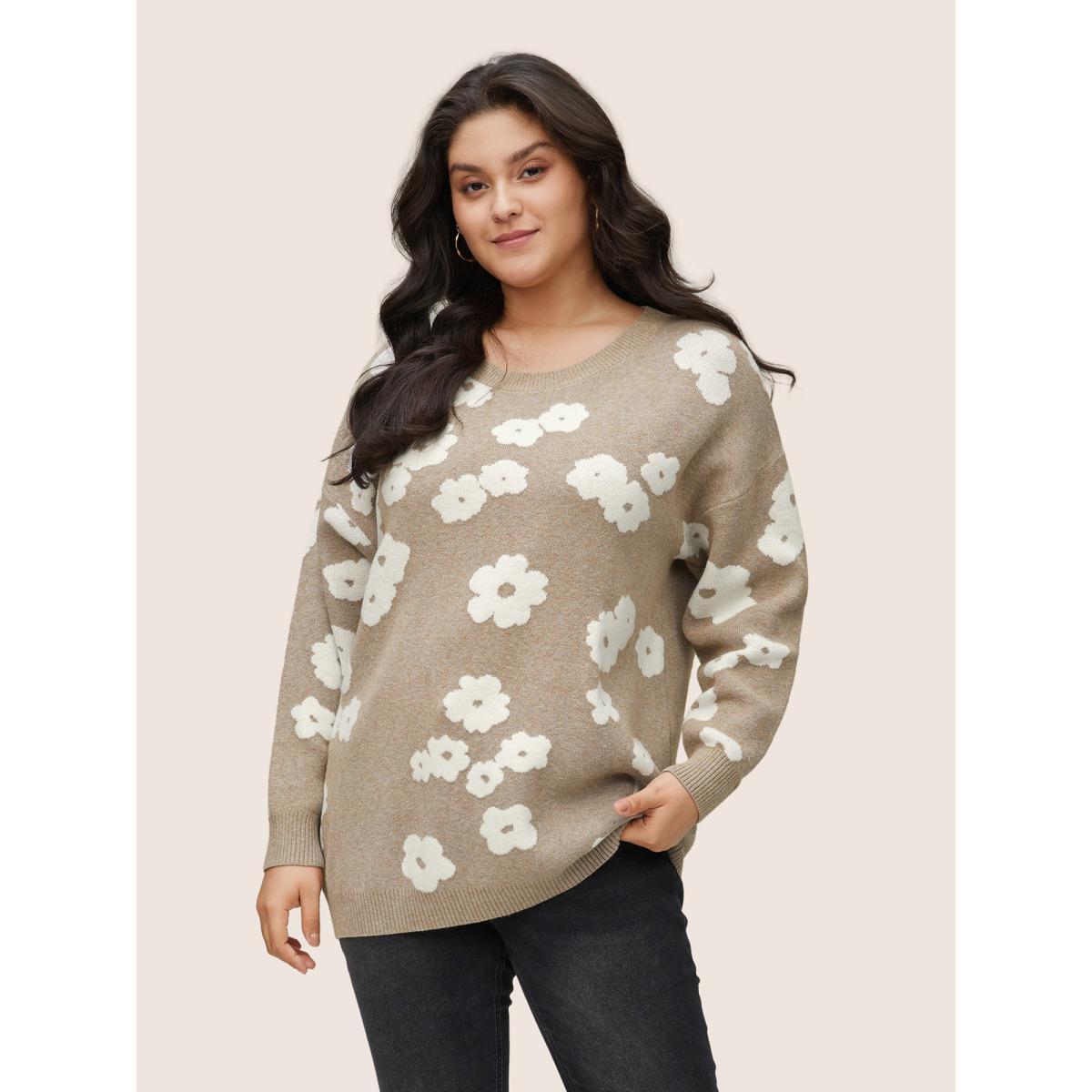 Plus Size Supersoft Essentials Floral Jacquard Pullover LightBrown Women Casual Loose Long Sleeve Round Neck Dailywear Pullovers BloomChic 10/M Product Image