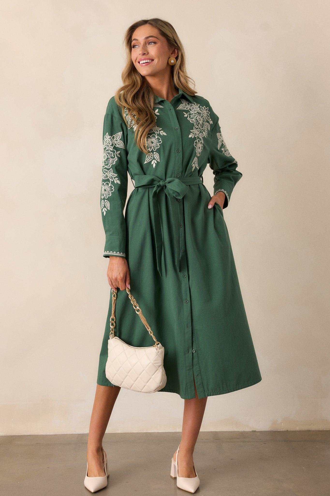 Leaves Of Tomorrow Cotton Forest Green Long Sleeve Midi Dress Product Image