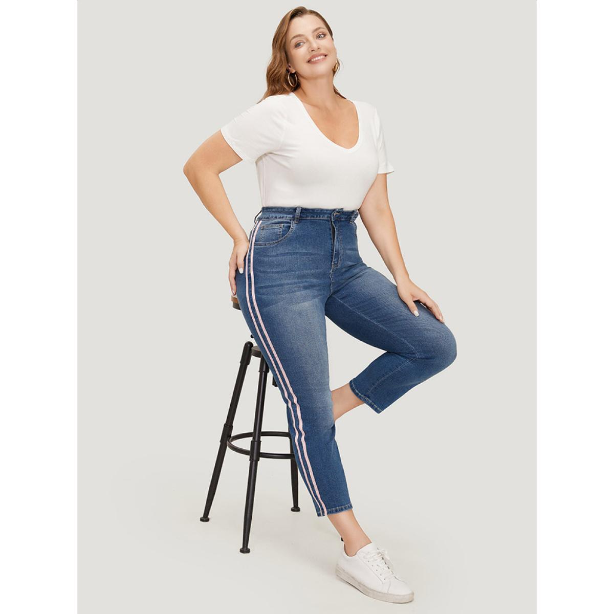 Plus Size Very Stretchy Medium Wash Contrast Striped Jeans Women Blue Casual Plain Patchwork High stretch Pocket Jeans BloomChic 14/1X Product Image