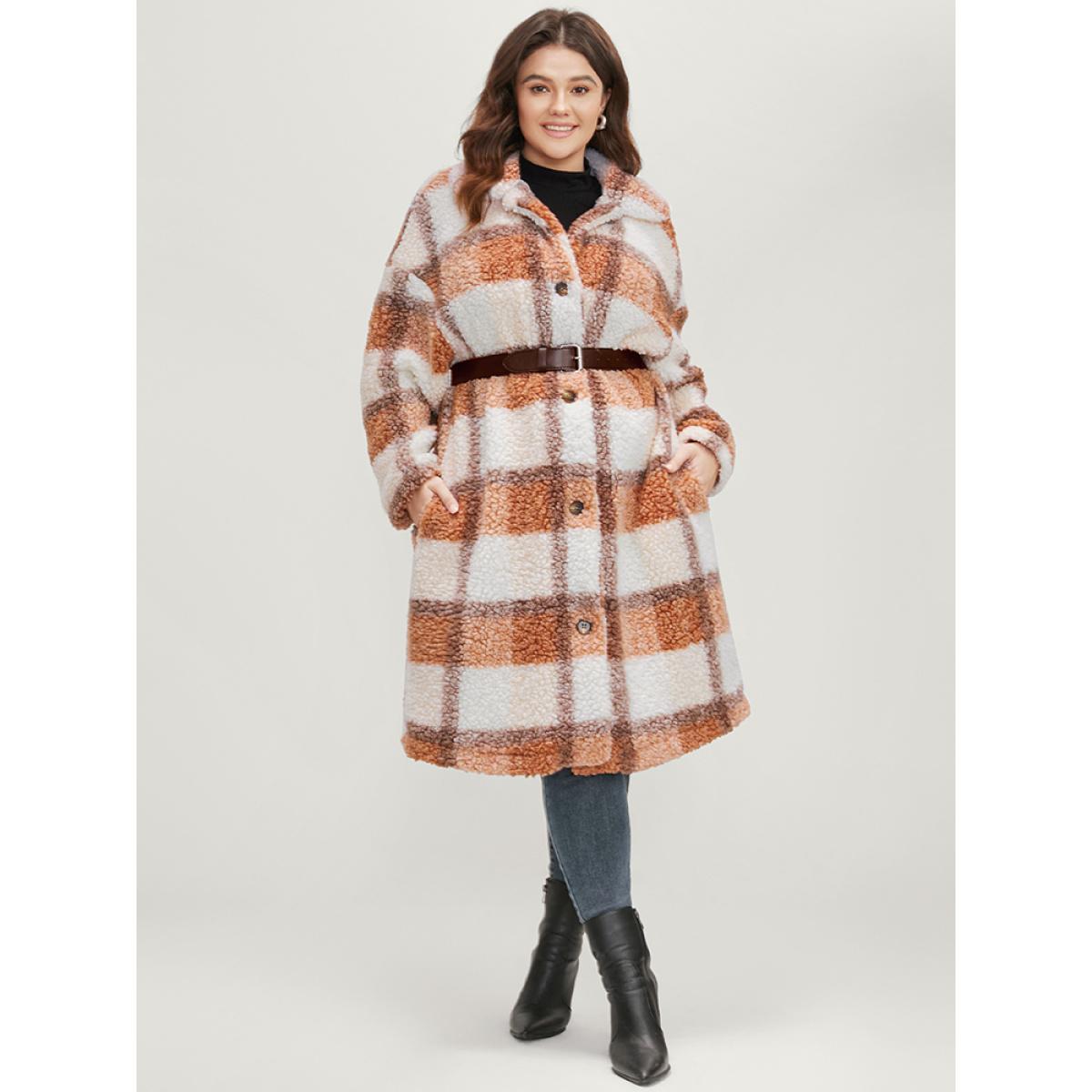 Plus Size Plaid Pocket Button Up Teddy Coat Women Multicolor Casual Button Loose Ladies Dailywear Winter Coats BloomChic 28/5X Product Image