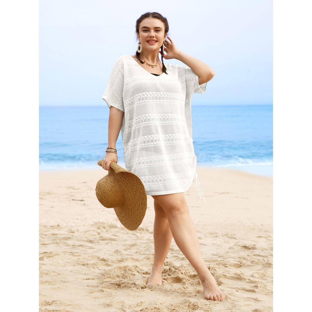 Plus Size Deep V Neck Cut Out Drawstring Swim Cover Up Women's Swimwear Ivory Beach Loose Cut-Out Curve Swim Cover Ups BloomChic 26/4X Product Image