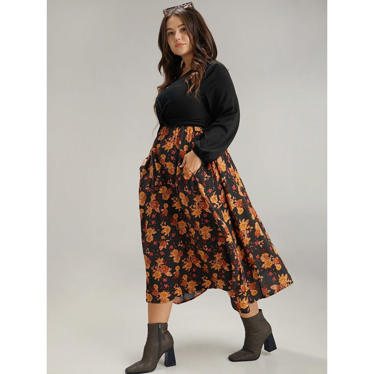 Plus Size Supersoft Essentials Floral Patchwork Twist Front Dress Black Women Elegant Elastic cuffs V-neck Long Sleeve Curvy Midi Dress BloomChic 14-16/1X Product Image