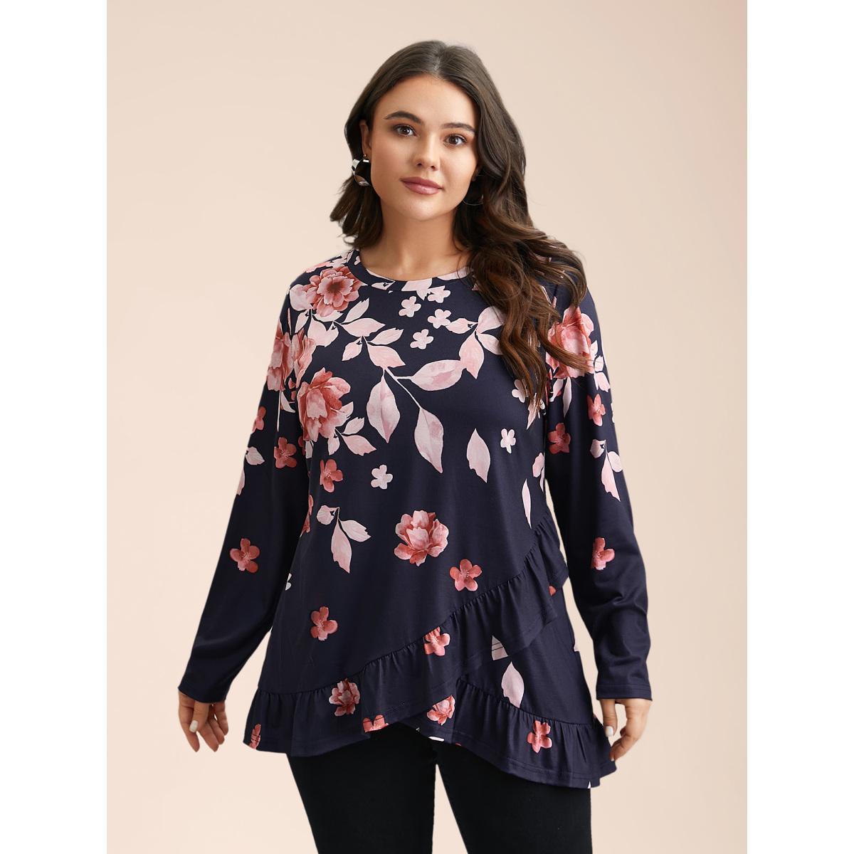 Plus Size Spring Flowers Ruffled Hem T-Shirt Indigo Women Casual Ruffles Natural Flowers Round Neck Everyday T-shirts BloomChic 28/5X Product Image