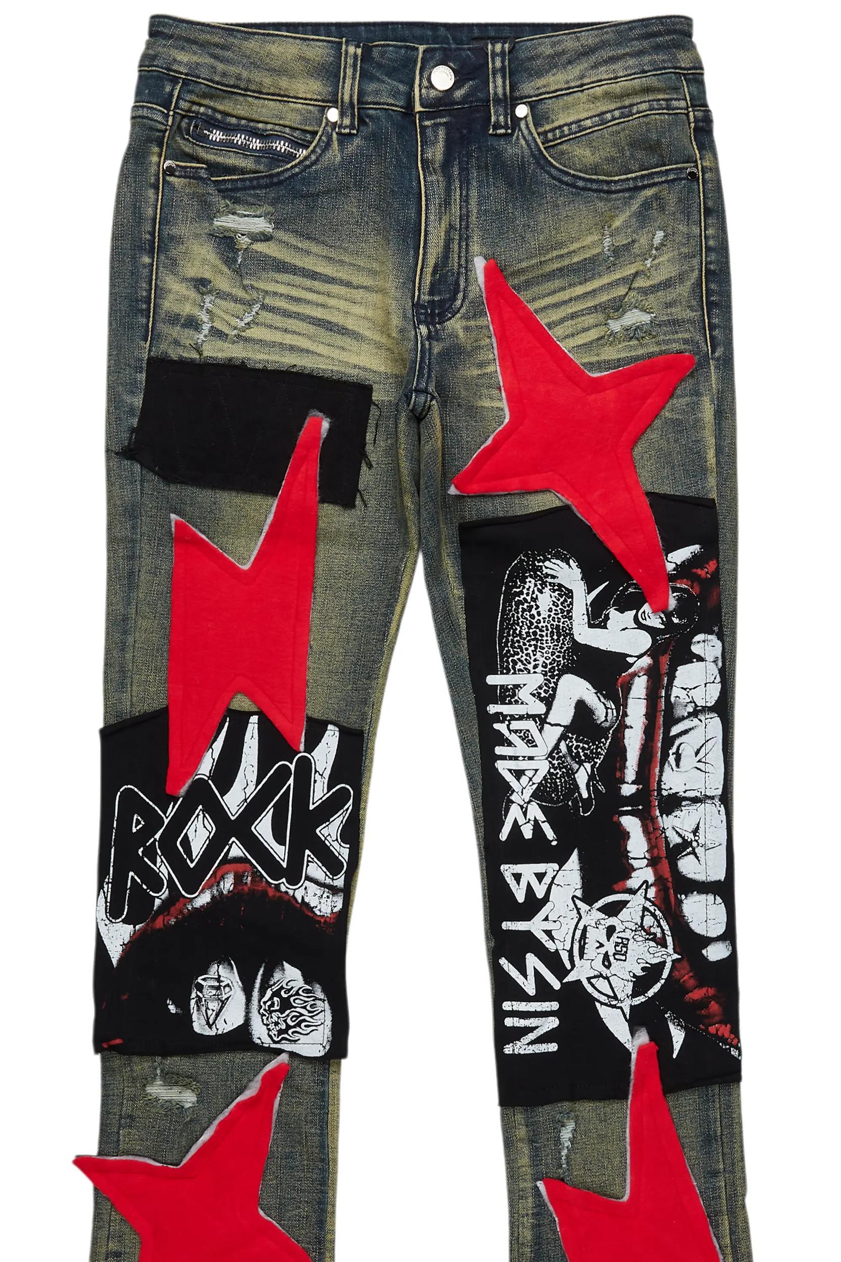 Vadim Blue Patchwork Stacked Flare Jean Male Product Image
