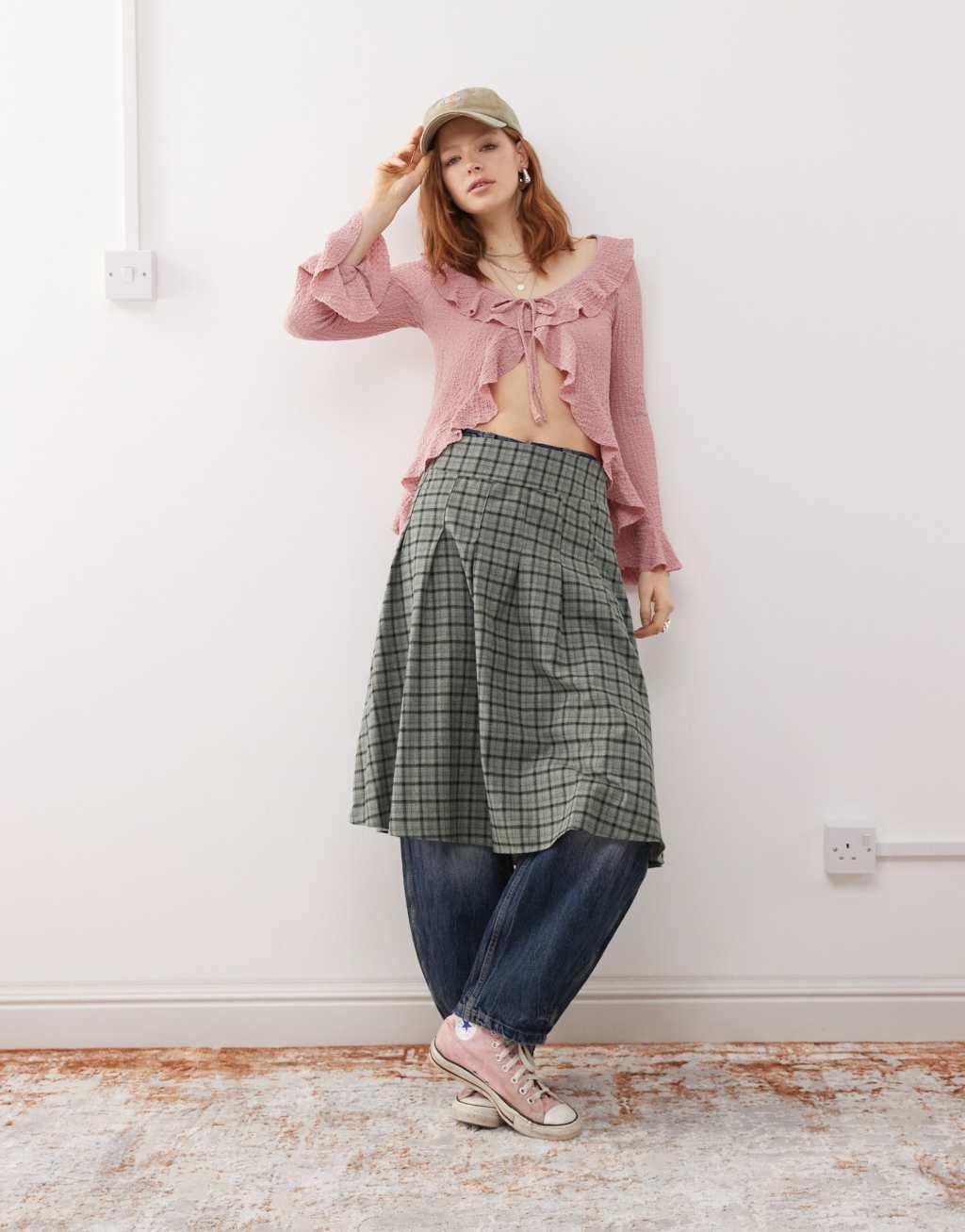 Reclaimed Vintage long sleeve ruffle tie front textured top in pink Product Image