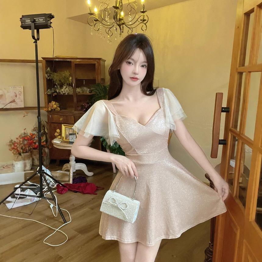 Short-Sleeve V-Neck Plain Mini A-Line Dress Product Image