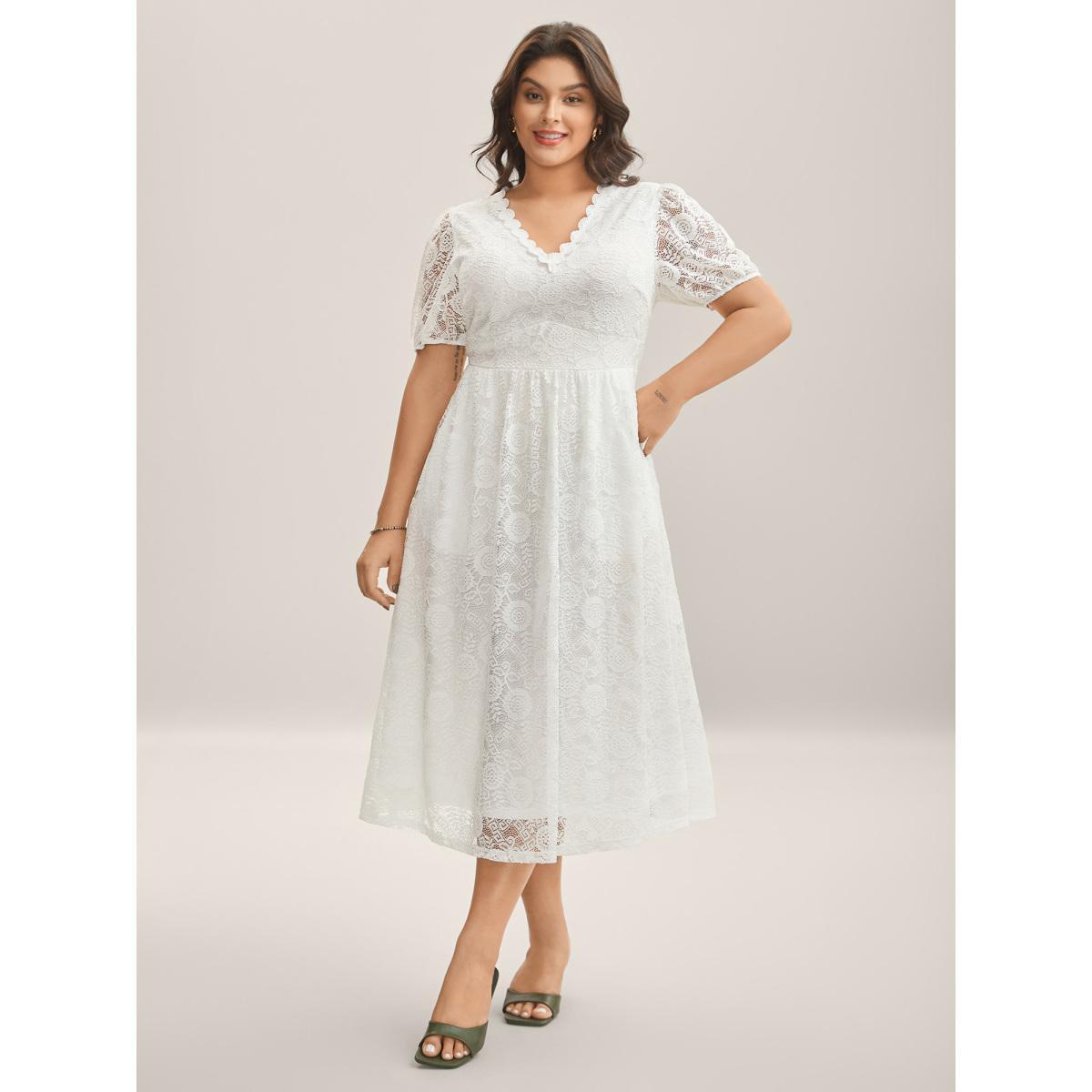 Plus Size Woven Textured Feel Cinched-Waist Midi Dress Originalwhite Women V-neck Short sleeve Curvy BloomChic 22-24/3X Product Image