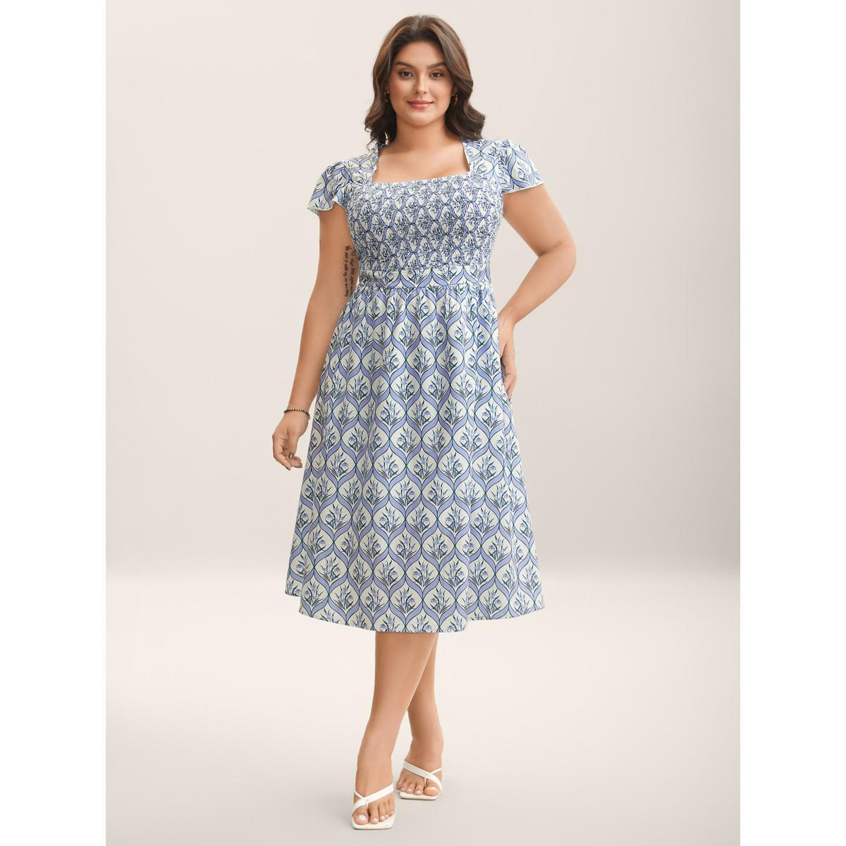 Plus Size Boho Floral Print Shirred Pockets Midi Dress LightBlue Women Square Neck Cap Sleeve Curvy BloomChic 28/5X Product Image