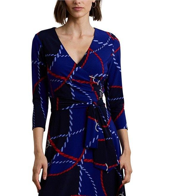 Lauren Ralph Lauren Rope Print Stretch Jersey Surplice V-Neck 3/4 Sleeve Self-Tie Belt A-Line Dress Product Image