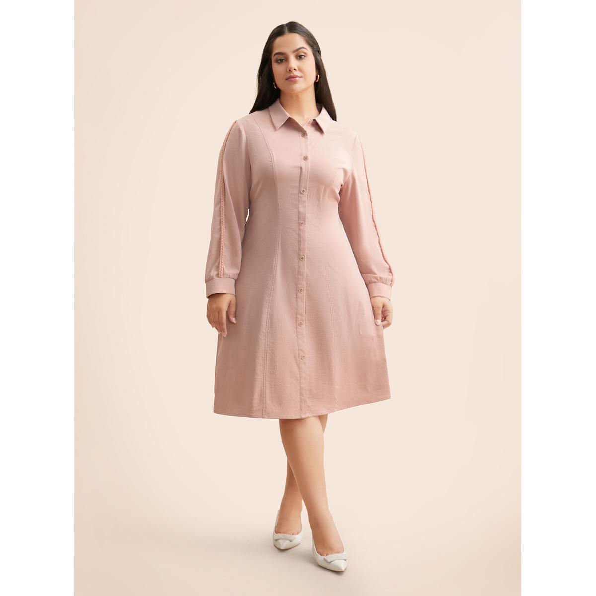 Plus Size Shirt Collar Shirred Woven Ribbon Dress Crepe Women Elegant Woven ribbon&lace trim Shirt collar Long Sleeve Curvy BloomChic 14-16/1X Product Image