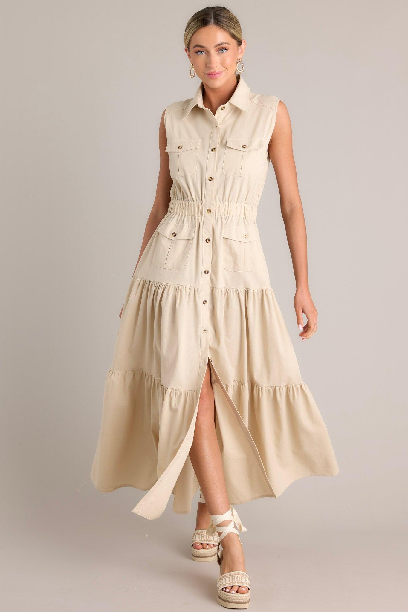 Desert Dusk Beige Button Front Tiered  Maxi Dress Product Image