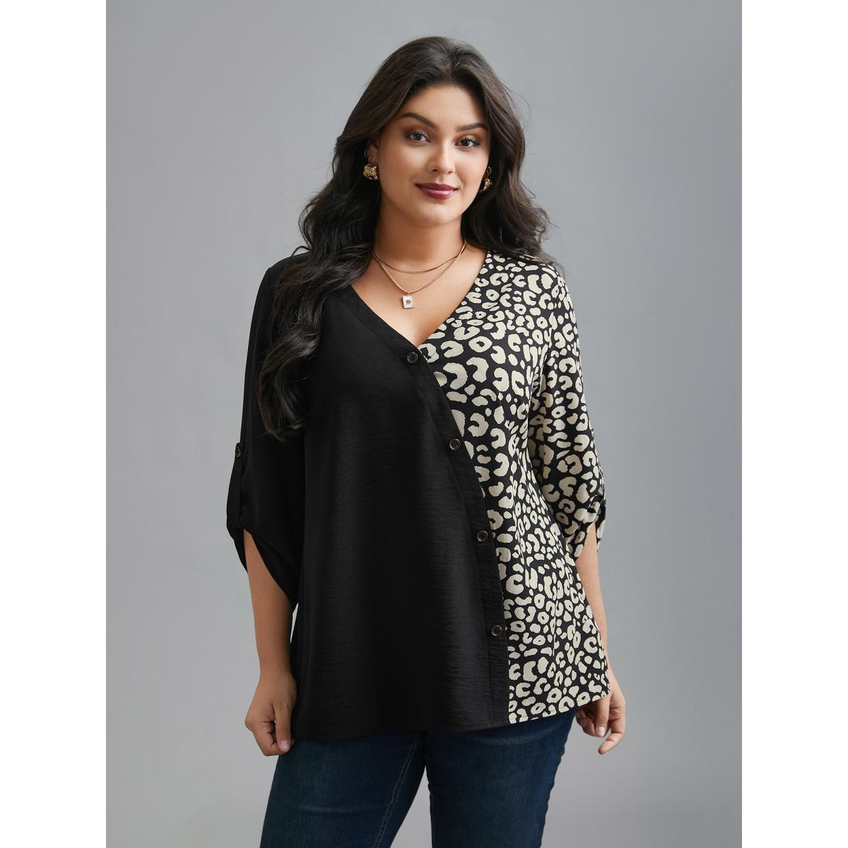 Plus Size Black Leopard Print Spliced Tab Sleeve Blouse Women Elegant Extra Long Sleeve V-neck Everyday Blouses BloomChic 28/5X Product Image