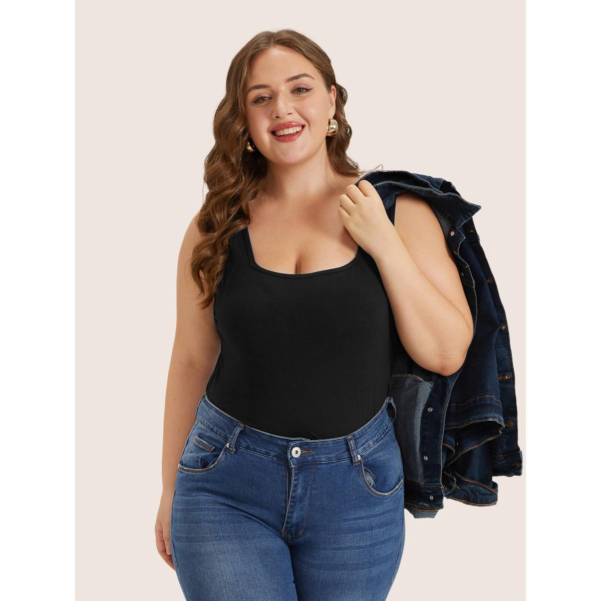 Plus Size Supersoft Essentials Plain Square Neck Skinny Tank Top Women Black Basics Non Square Neck Everyday Tank Tops Camis BloomChic 28/5X Product Image